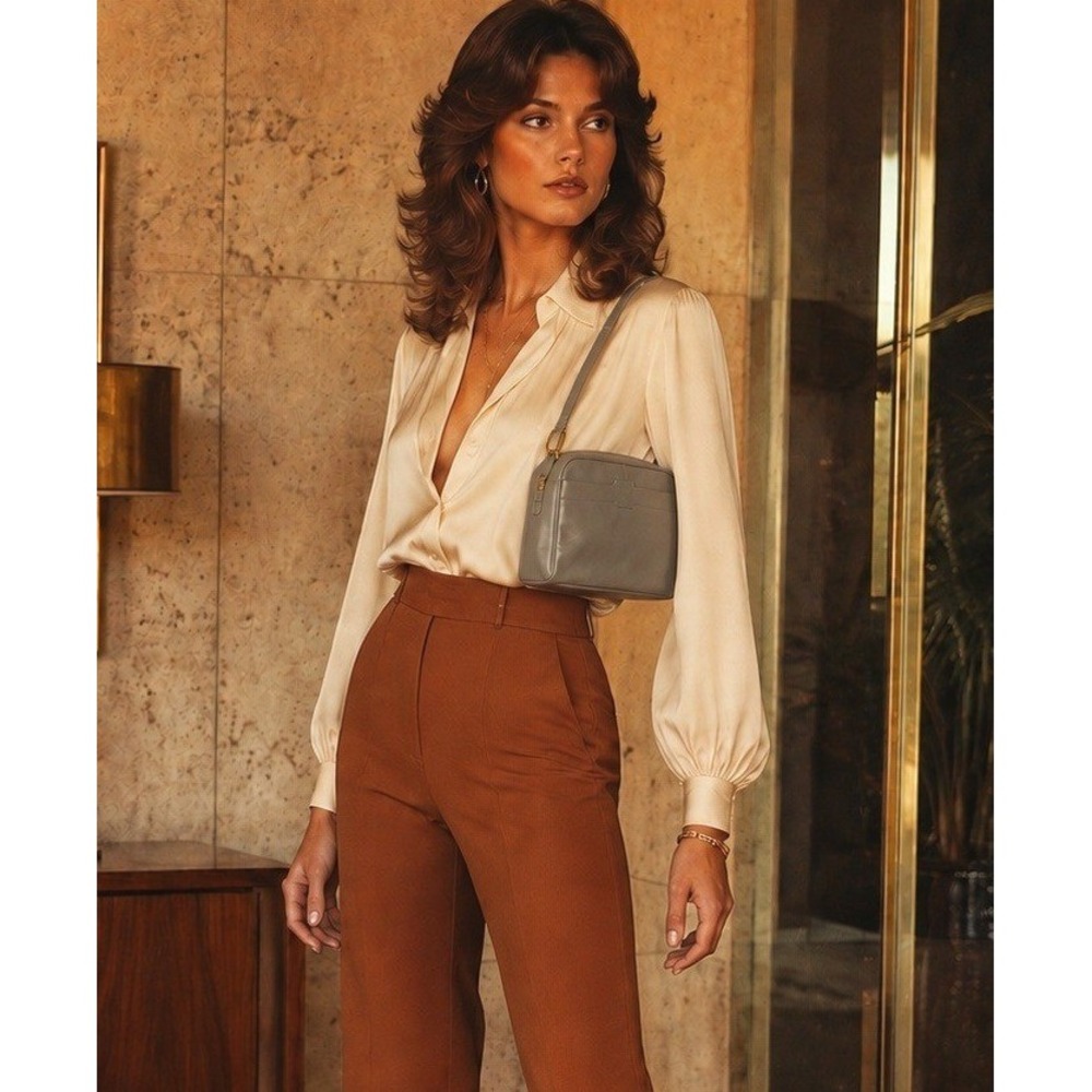 Anne Klein by Calderon 1970s Taupe Leather Crossbody Bag Lion Logo Deadstock